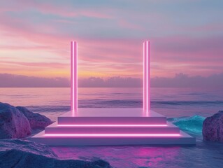 premium quality visual of A minimalist podium stands on a beach at sunset illuminated by neon pink lights with the ocean and pink and blue sky in the background. high detail 8k