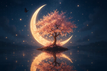 Surreal Dreamy Night Scene with Glowing Crescent Moon Cradling Cherry Blossom Tree on Island — Vertical 9:16


