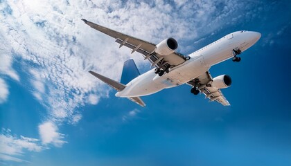 Fototapeta premium low angle view of an aeroplane flying in a partly cloudy blue sky