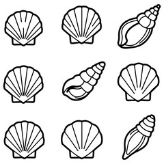 A detailed collection of gastropod and bivalve shell icons, ideal for scientific illustration and natural history exhibits