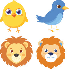 Fototapeta premium Adorable Cartoon Animals Chick, Bird, and Lion Illustrations