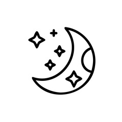 Outline crescent moon with stars a plus sign on a night