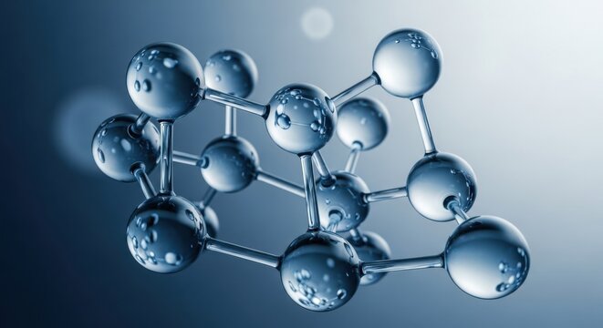 Abstract 3d molecular structure with water droplets on glassy spheres