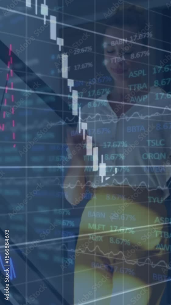 Aufkleber animation of financial data and graphs over caucasian businessman using smartphone
