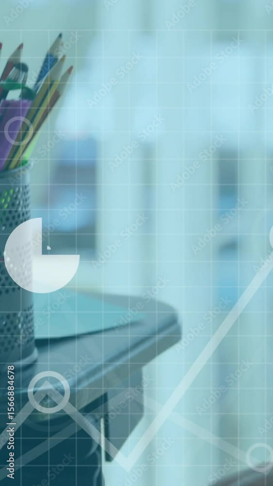 Poster animation of financial data processing over desk with computer in office