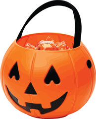 Spooky Delight: A festive Halloween jack-o'-lantern bucket overflowing with tasty treats, ready for trick-or-treating fun. 