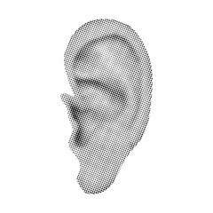 Retro halftone collage ear for mixed media design. Human ear in halftone texture, dotted pop art style. Vector illustration of vintage grunge punk crazy art templates