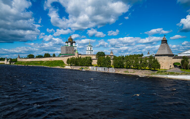 Beautiful  view of the Pskov Kremlin from Olginsky bridge, Pskov, Russia. Caption: 