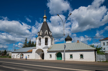 View of the bell tower of the Russian Orthodox Church of Michael and Gabriel Archangels, the city of Pskov, Russia