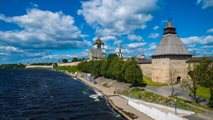 Beautiful  view of the Pskov Kremlin from Olginsky bridge, Pskov, Russia. Caption: "Russia begins here"