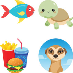 Art of a colorful cartoon fish, turtle, burger, fries, soda, and meerkat are isolated on white background