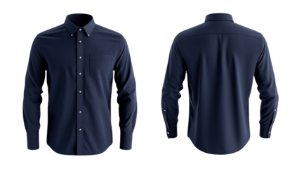 Navy button-down shirt, front and back views