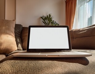 close up of an open laptop with a blank screen on a sofa in a stylish living room