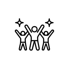 Line art three people with arms raised starbursts above them on group
