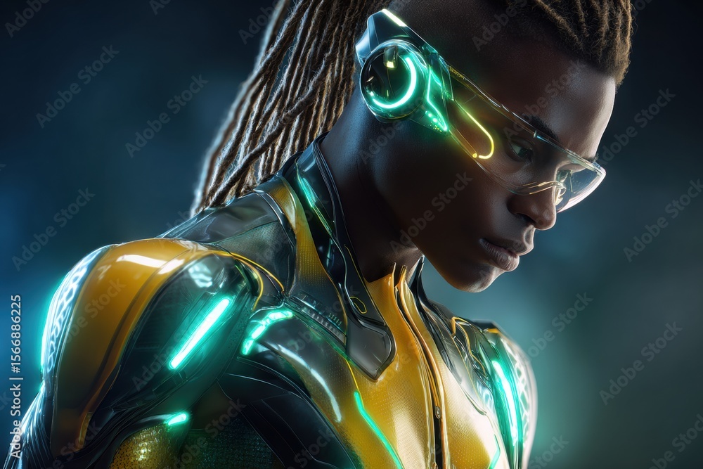 Poster futuristic character with neon elements showcases advanced technology and design in a high-tech envi
