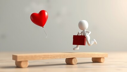 3D Render:  White Figure Leaps Over Seesaw, Red Heart Balloon, Work-Life Balance Concept