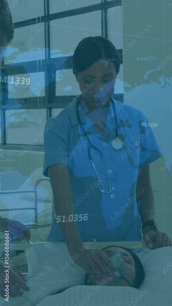 Aufkleber animation of data processing over diverse group of doctors with patient