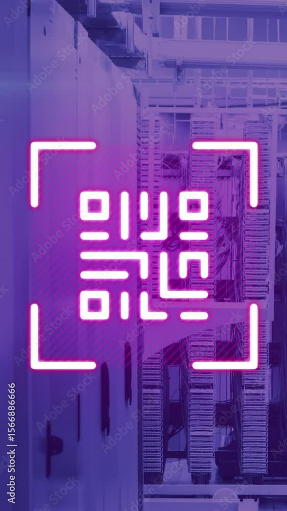 Poster animation of neon qr code over server room in violet