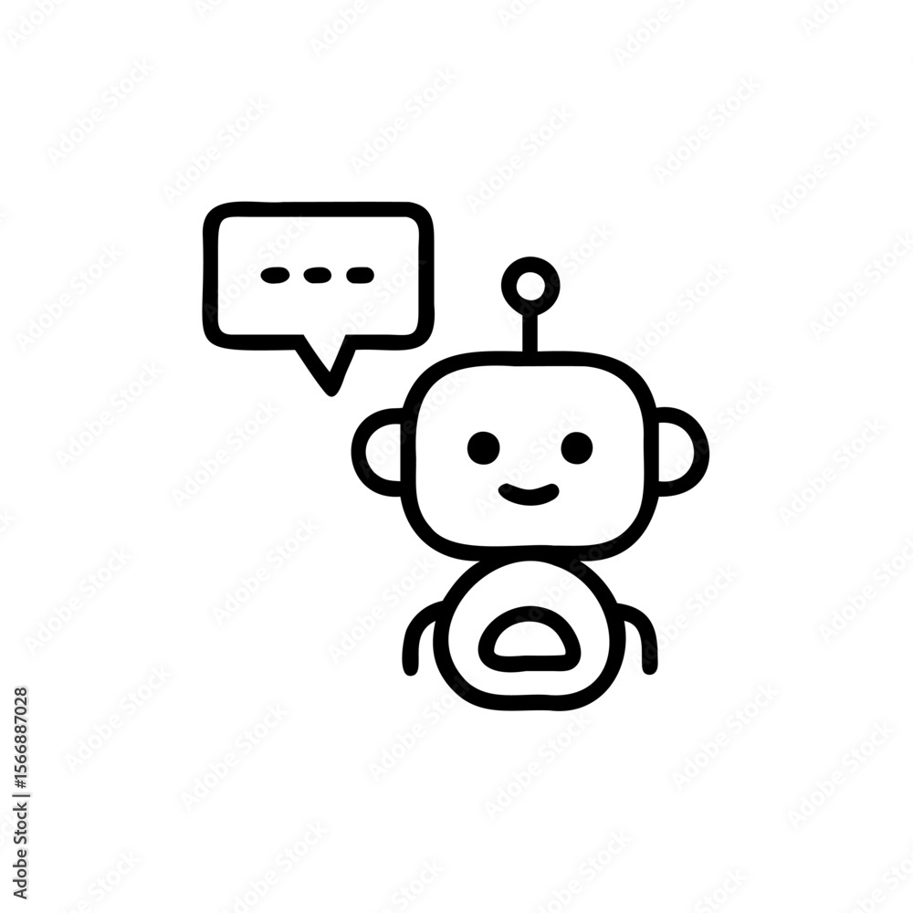 Poster line art robot with speech bubble three dots on chatbot chat