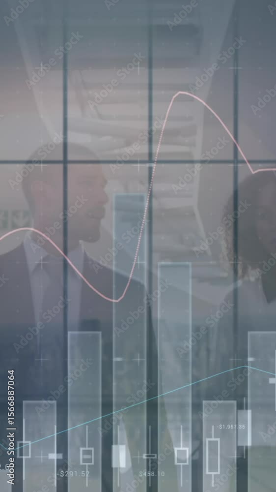 Poster animation of data processing over diverse business people talking and walking