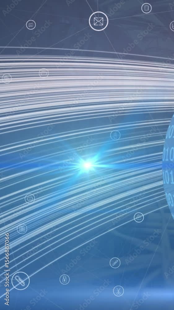 Poster animation of icons over globe with binary code in navy space