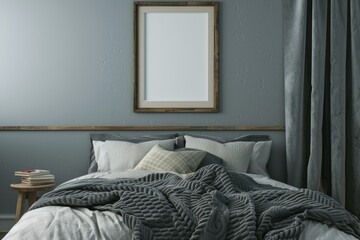 Detailed Image of a Bed with a Gray and White Blanket and a Picture Frame on the Wall