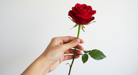 優しく握る赤いバラ 一輪 柔らかな光 上品な美しさ. AI Generated