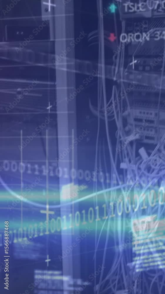 Poster binary coding and stock market data processing against close up of a computer server
