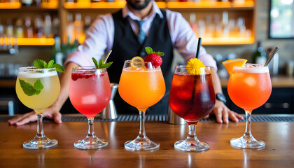 A row of vibrantly garnished cocktails sit at a stylish bar, ready to be enjoyed.