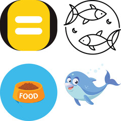 Fototapeta premium Aquatic Animal Icons Fish, Dolphin, and Pet Food Bowl Illustrations