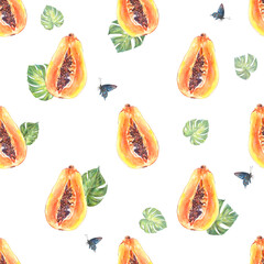 Seamless watercolor pattern with sliced papaya, monstera leaves, and butterflies. Bright tropical design on white background, perfect for fabric, packaging, wallpaper, and summer-themed projects.