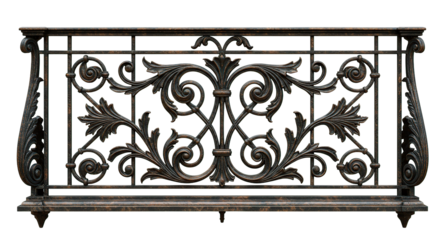 Intricate wrought iron balcony railing, featuring detailed floral and scrollwork design.