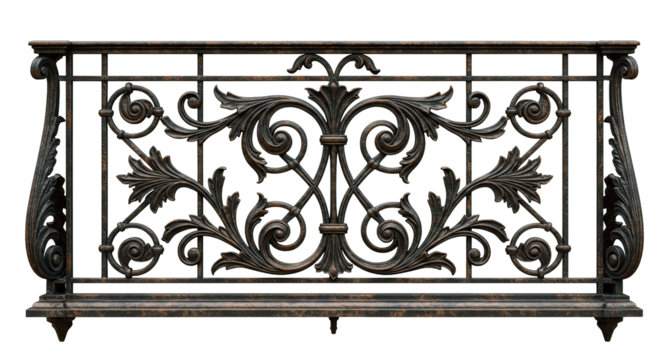 Intricate wrought iron balcony railing, featuring detailed floral and scrollwork design.