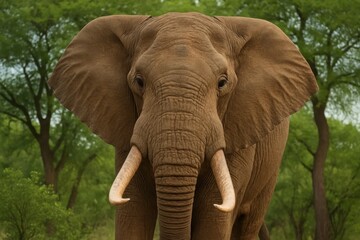 Riga, Latvia 05-09-2024 A majestic elephant stands amidst a verdant forest, its gentle eyes reflecting the tranquility of nature