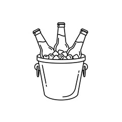 Three beer bottles in an ice bucket outline on a white background