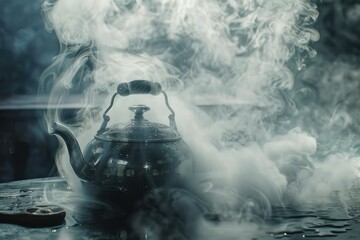 high resolution visual of boiling kettle with dense steam