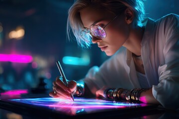 Creative artist sketching on a digital tablet in a neon-lit studio environment at night