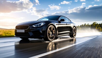 Fototapeta premium Driving Fast on Wet Asphalt – Black Sports Car in Action