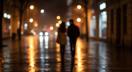Nocturnal Stroll: Blurred Couple Walking on a Rainy City Street at Night