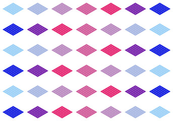 A modern and cheerful seamless pattern of geometric diamond shapes with polka dot texture in a variety of bright pastel shades. Ideal for backgrounds, textiles, packaging and gift wrapping.