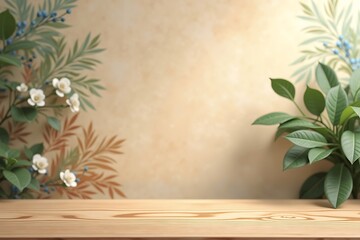 Wooden surface with floral and leafy decorations on textured wall
