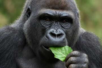 Riga, Latvia 05-09-2024 A gorilla enjoys a fresh leaf amidst the verdant embrace of nature