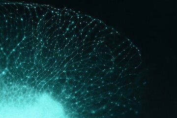 Microscopic view of delicate glowing cell network with fine connections on dark background, illustrating minuscule world beauty, biological structures and intricate organic patterns in teal tones.
