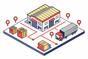 Isometric warehouse logistics with truck and packages delivery