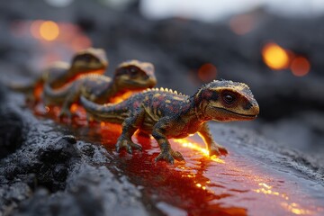 Tiny dinosaur figures walk along glowing lava flow in an imaginative landscape during twilight