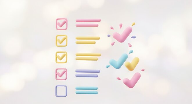 Pastel 3D Checklist with Floating Checkmarks and Soft Bokeh Background