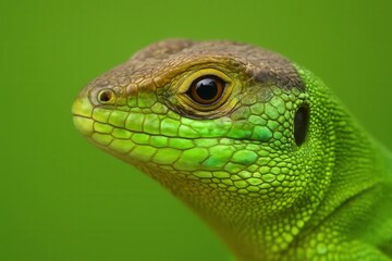 Fototapeta premium Riga, Latvia 05-09-2024 A close-up of a vibrant green lizard with striking yellow eyes, set against a blurred green background