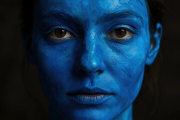 Riga, Latvia 05-09-2024 A striking portrait of tranquility and mystery, this close-up captures the essence of a serene blue face against a stark black background