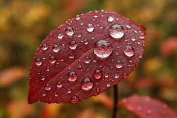 Riga, Latvia 05-09-2024 A Red Leaf Glistening with Water Droplets in Autumn Hues