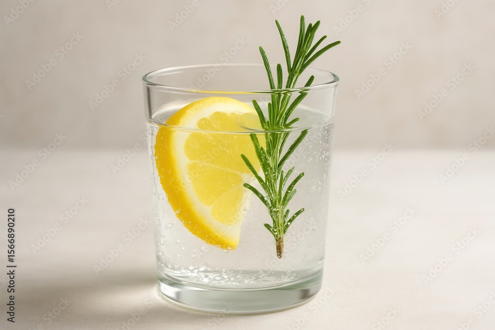 Poster riga, latvia 05-09-2024 a refreshing glass of sparkling water adorned with a slice of lemon and a sp